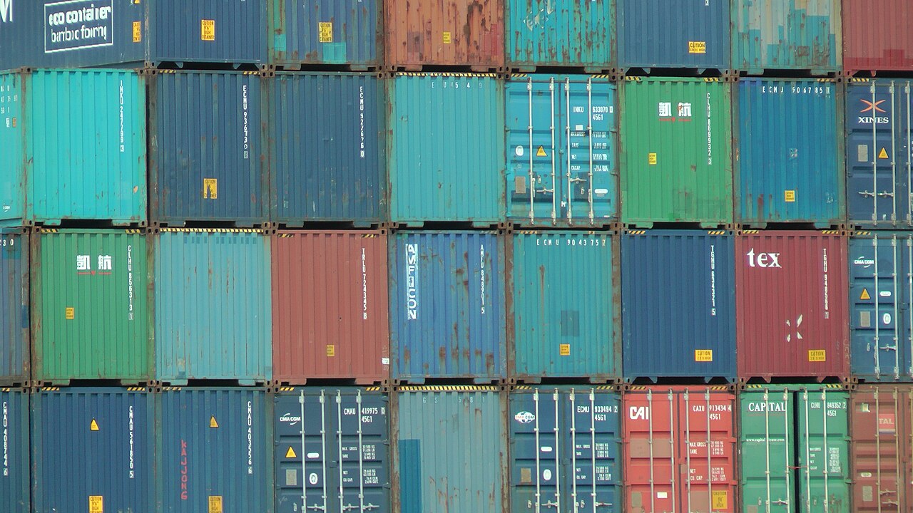 Stacked standard intermodal shipping containers at the Port of Rotterdam
